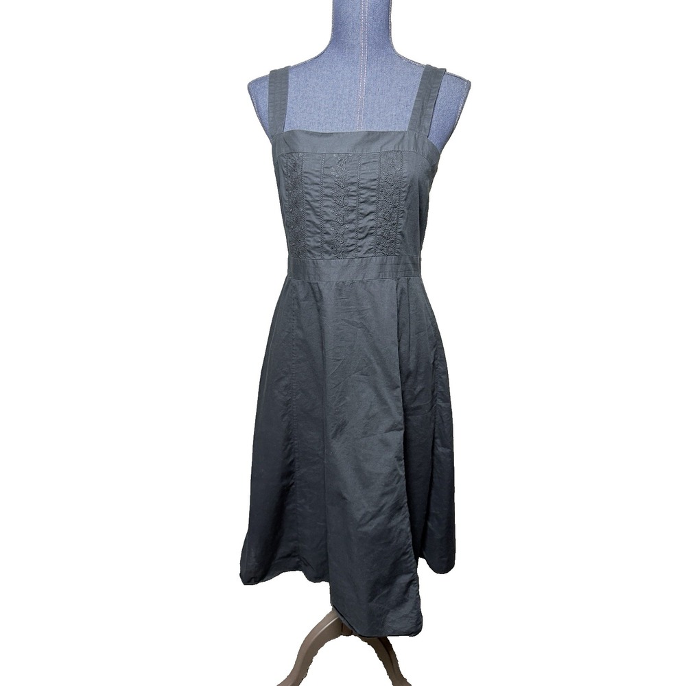 J. Crew Black midi dress size 12 embroidered cotton fit flare lined Sleeveless - Picture 2 of 11